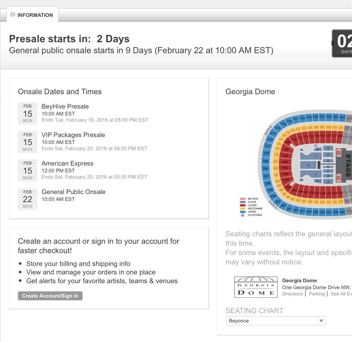 Отсчет дней до предпродажи билетов на концерт Бейонсе в 2016 году