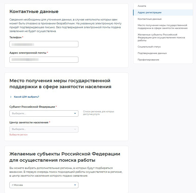 Следующие разделы конструктора — «Адрес регистрации», «Контактные данные», «Место получения меры поддержки», «Желаемые субъекты РФ для поиска работы» и «Социальный статус» — нужно заполнить вручную