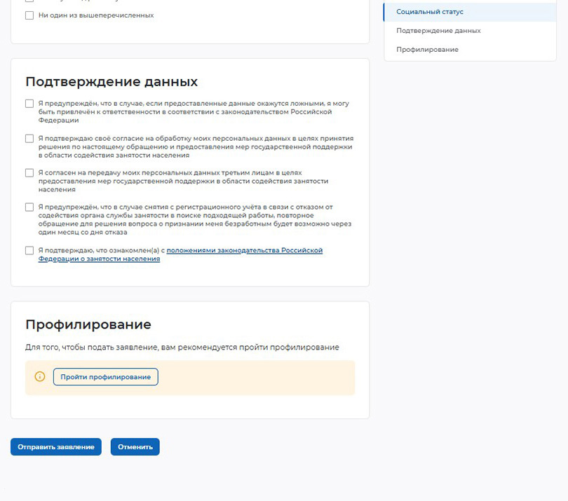 По окончании заполнения заявления нужно проставить галочки в разделе «Подтверждение данных» и нажать «Пройти профилирование»