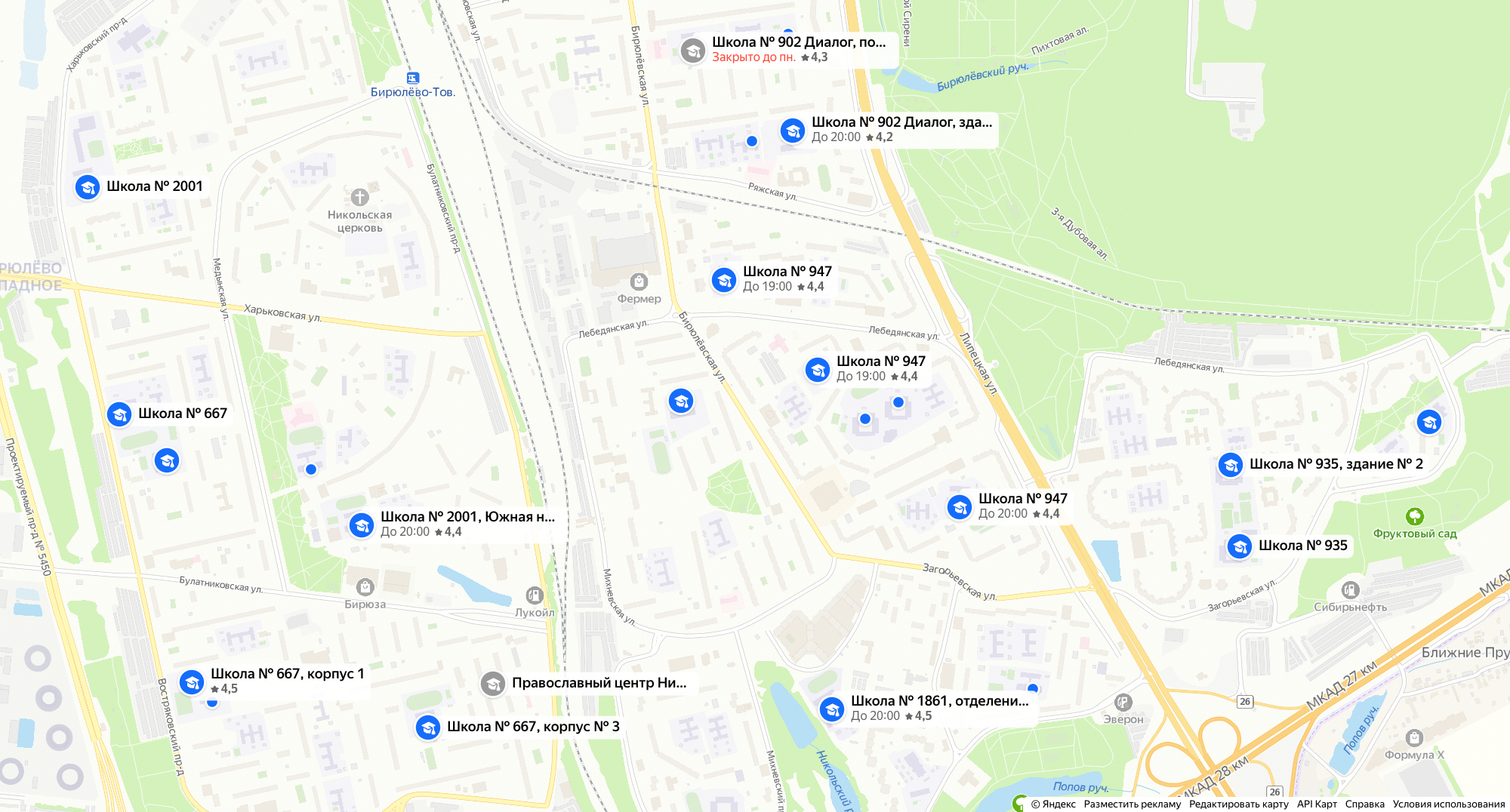 В Бирюлеве около 15 государственных школ, проблем с местами нет. Источник: «Яндекс⁠-⁠карты»