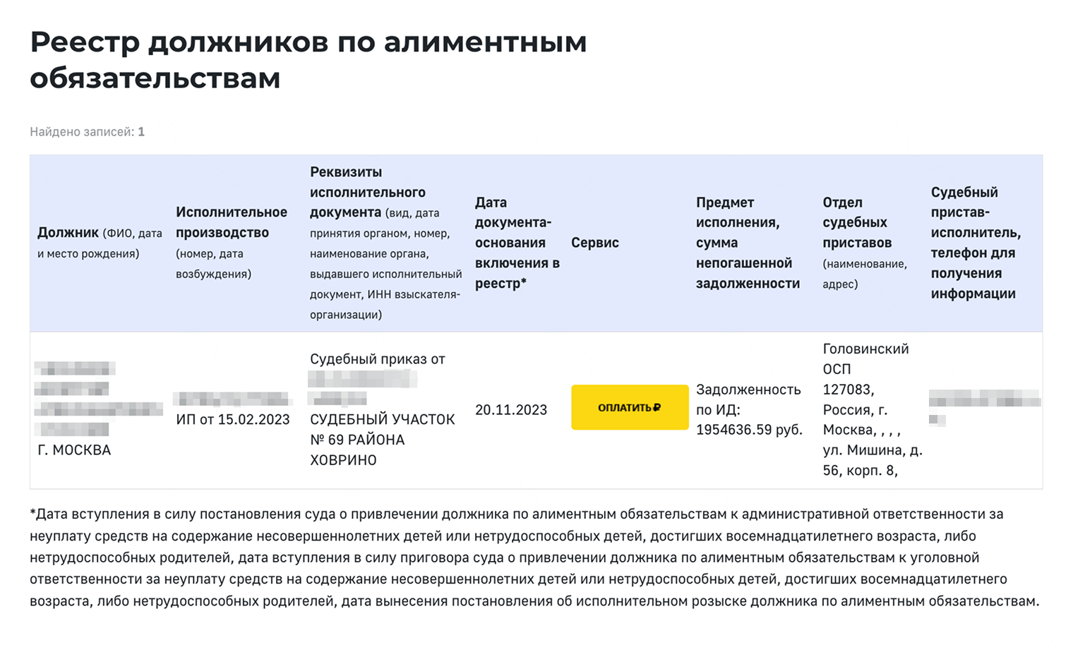 В карточке поиска нужно ввести сведения о должнике. Если человек включен в реестр, появятся данные уклониста и сумма его долга на дату запроса