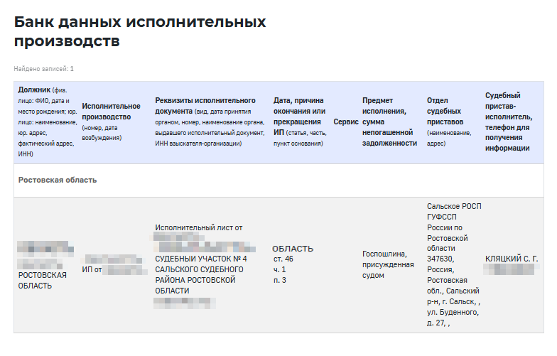 Здесь видно, что у человека было исполнительное производство — неуплаченная госпошлина, присужденная судом. Сумма не указана — это значит, что долг уже погашен, просто запись еще не убрали