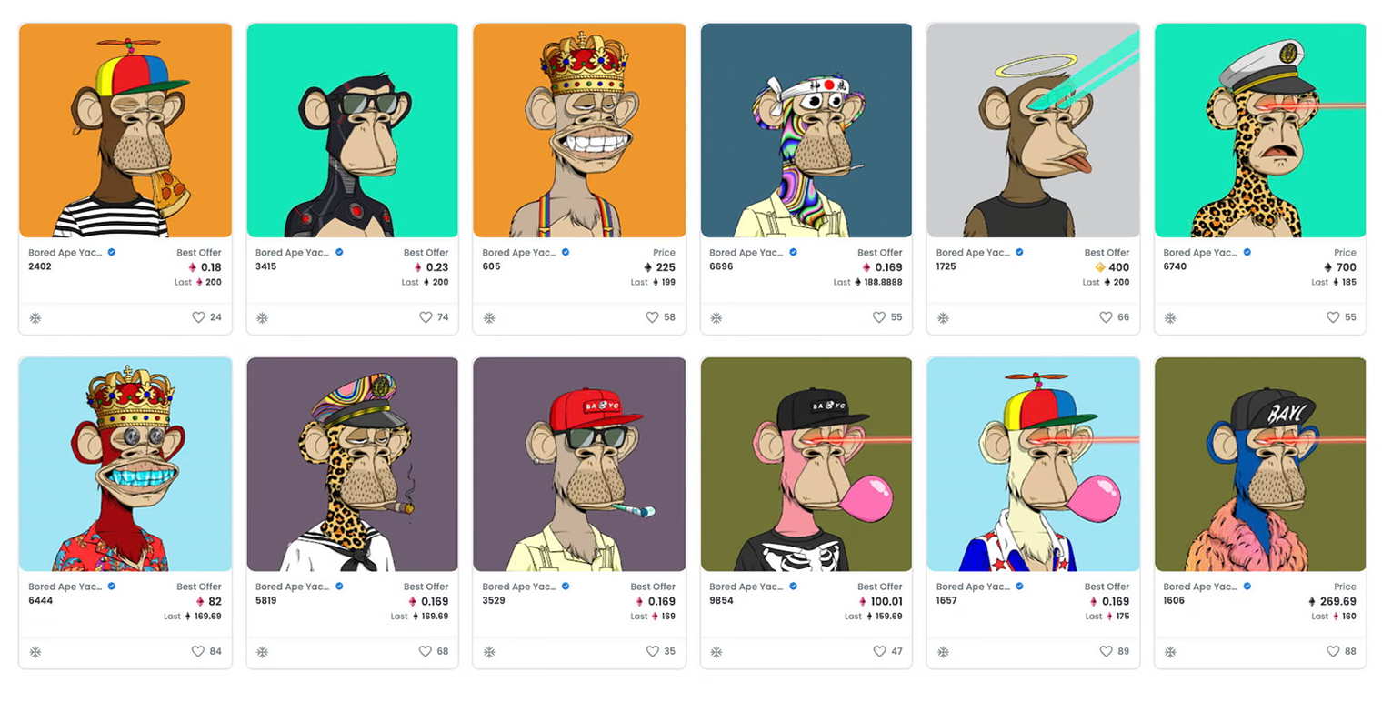 Bored Ape Yacht Club, BAYC, — это коллекция из 10 000 NFT-обезьян, в которой каждая обладает совершенно уникальными характеристиками. Какие-то характеристики встречаются реже, чем другие, а значит, коллекционеры ценят такие изображения выше. В 2023 году некоторые из них стоили от 600 эфиров при цене последнего более 2 000 $ ( ₽). © theguardian.com