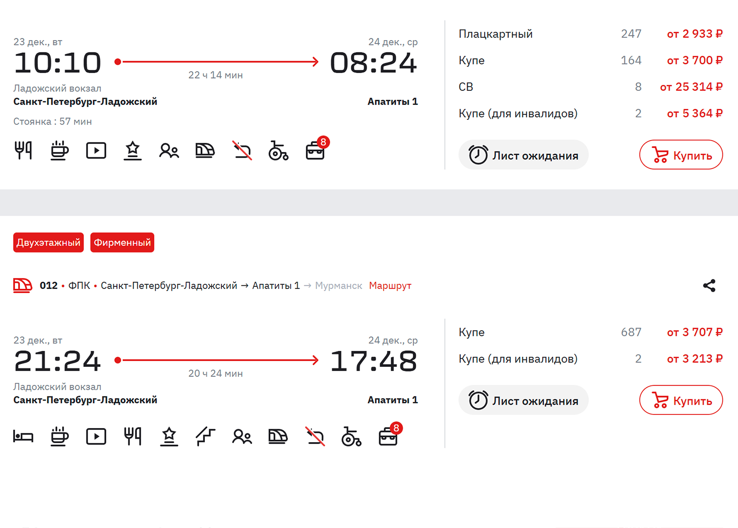 Билет на «Арктику» из Санкт-Петербурга в декабре 2025 года обойдется в 2 933 ₽ за место в плацкартном вагоне и от 3 700 ₽ — в купе. Источник: ticket.rzd.ru