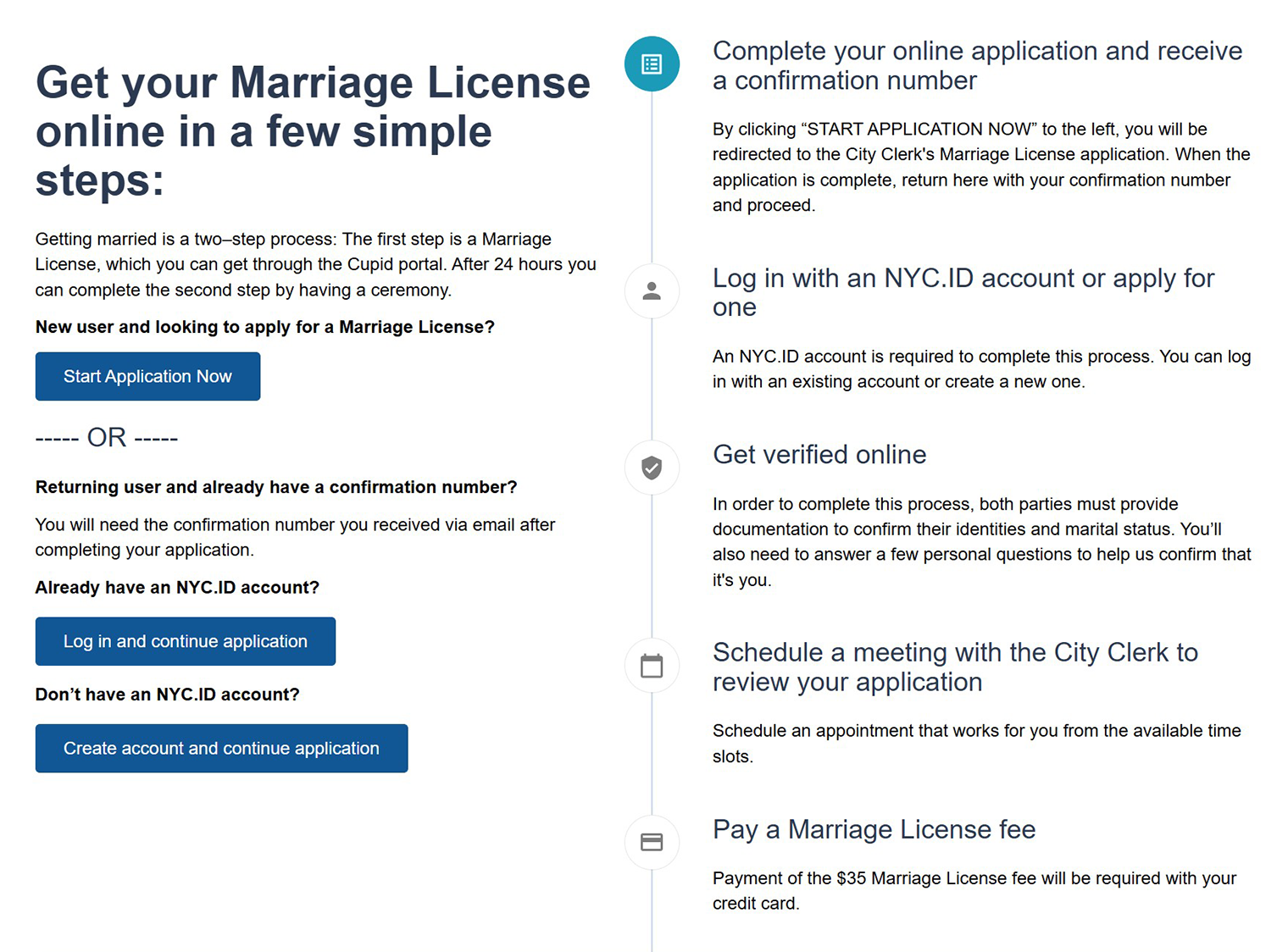 Процесс подачи онлайн-заявления на получение лицензии на брак в Нью-Йорке. Источник: projectcupid.cityofnewyork.us