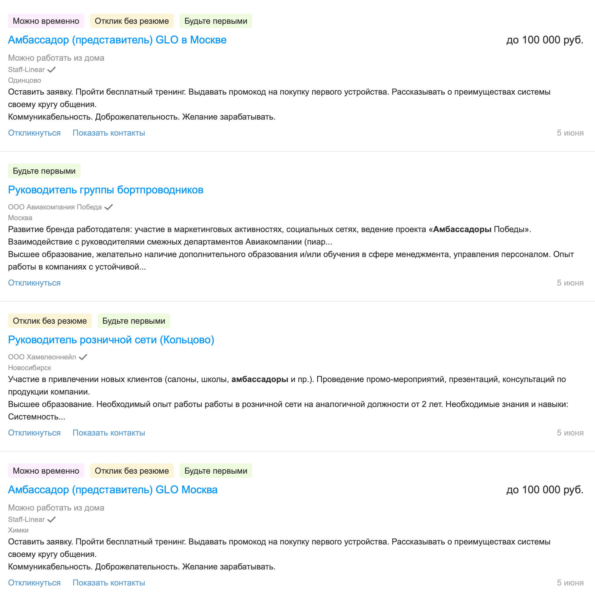 Амбассадоров обычно не ищут через сервисы поиска работы, но на «Хедхантере» есть несколько таких вакансий с зарплатой до 100 тысяч рублей