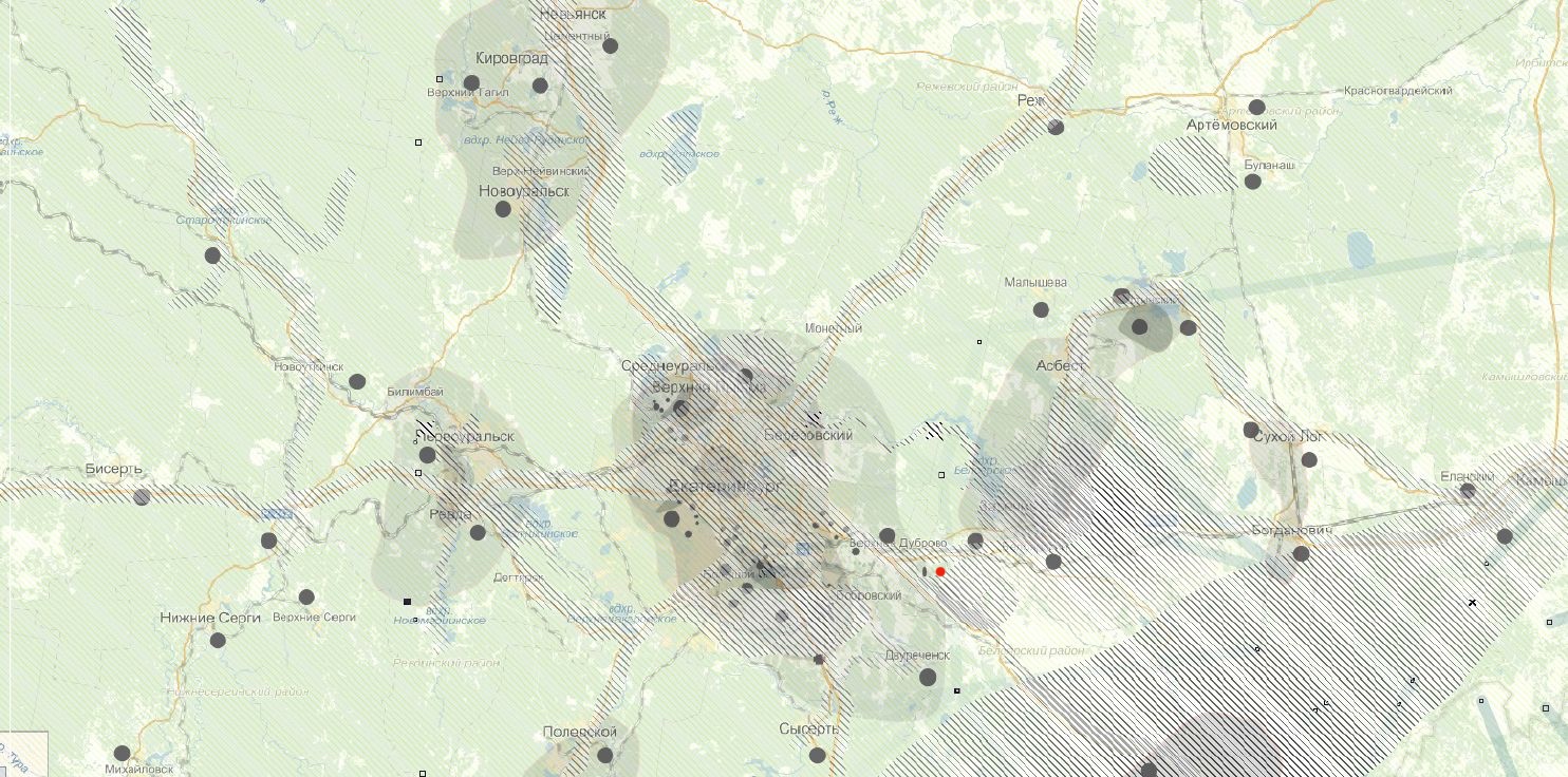 Карта загрязнений вокруг Екатеринбурга и окрестностей. Красная точка — мой участок. Пятно загрязнений рядом — это сельхозугодья, но там ничего не сажают уже 10 лет. Источник: metrtv.ru