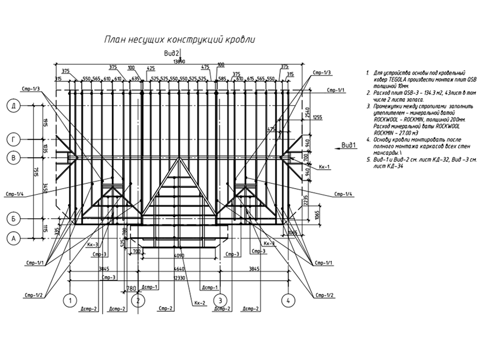План стропильной системы. Крыша получилась сложная — со скошенными углами, навесом по центру и двумя кукушками