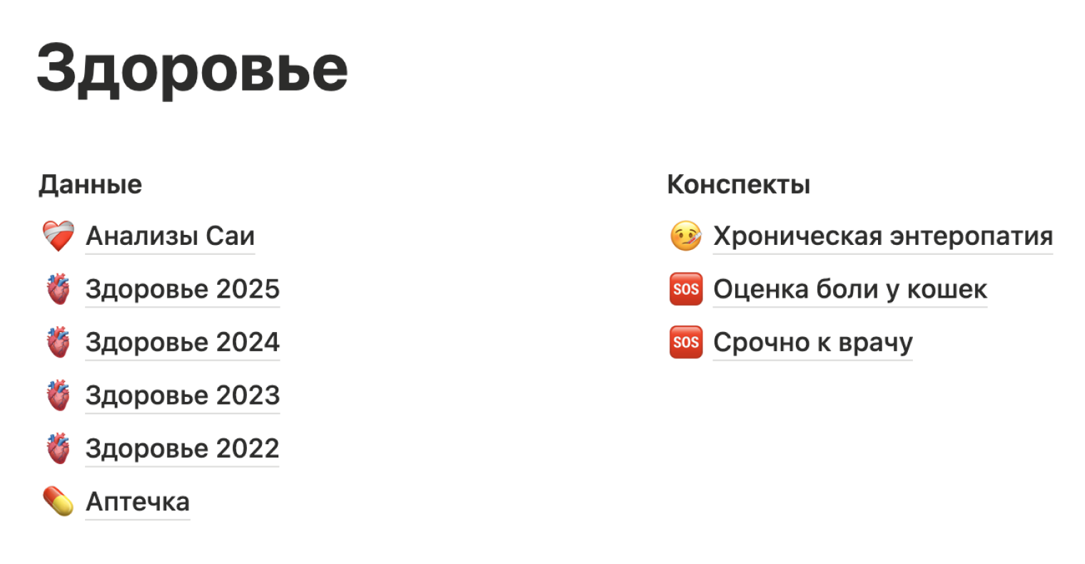 Так выглядит общая страничка про здоровье кошки. Вся информация — от конспектов важных лекций до данных по любому обострению — у меня под рукой