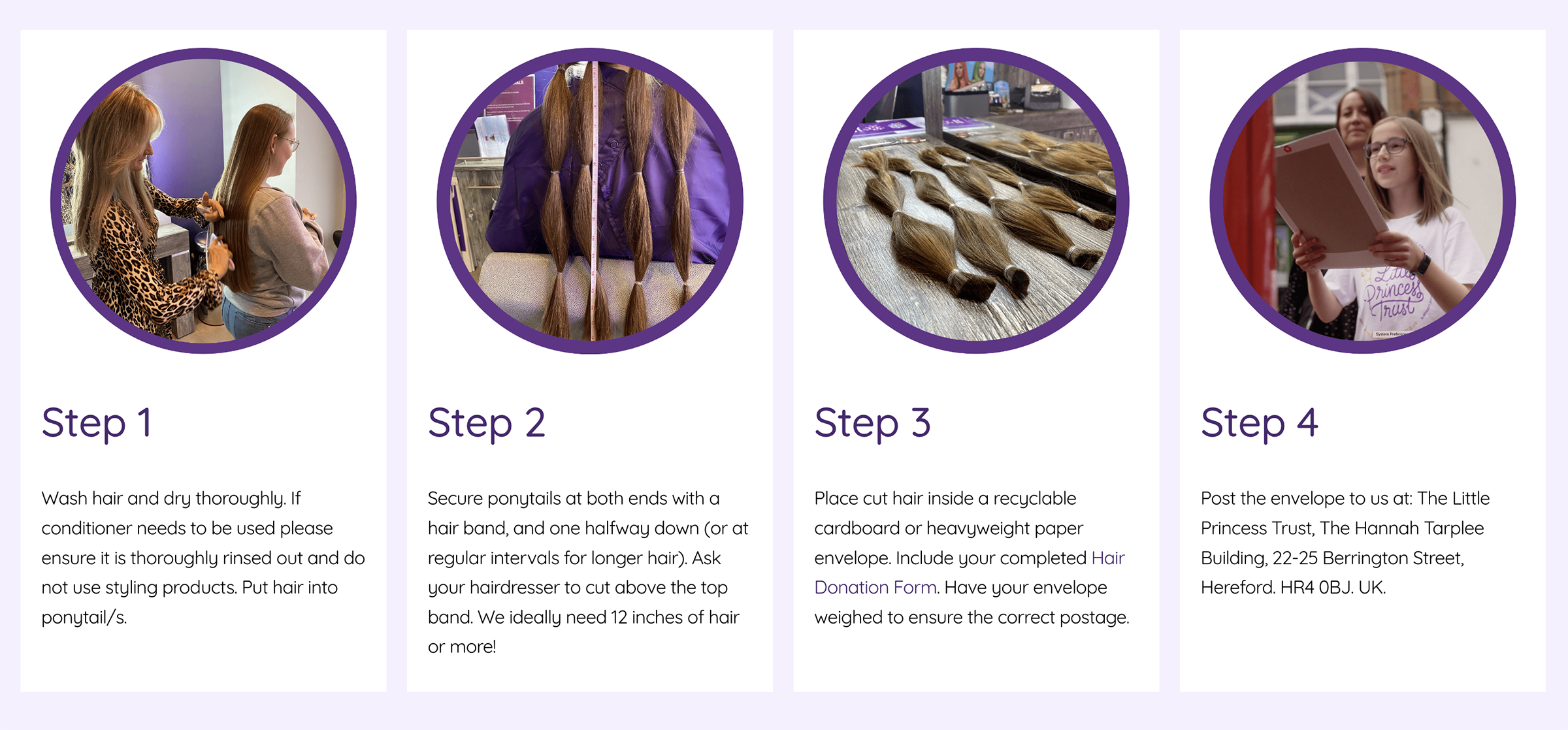 На сайте фонда показано, как подготовить волосы перед стрижкой: собрать их в хвостик
