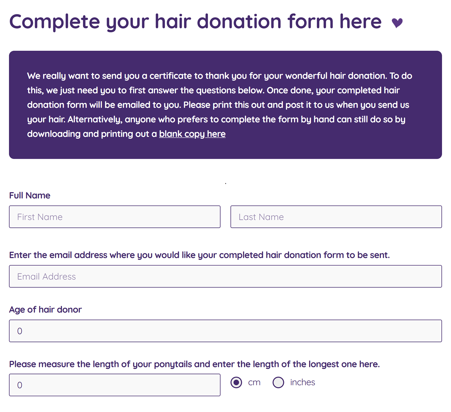 В анкете надо указать свои имя и фамилию, электронную почту, длину волос в дюймах или сантиметрах и их возраст. Источник: littleprincesses.org.uk
