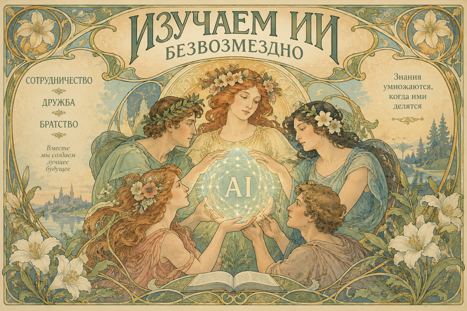 Идиллия изучения ИИ ChatGPT 21/9/26 в стиле Альфонса Муха