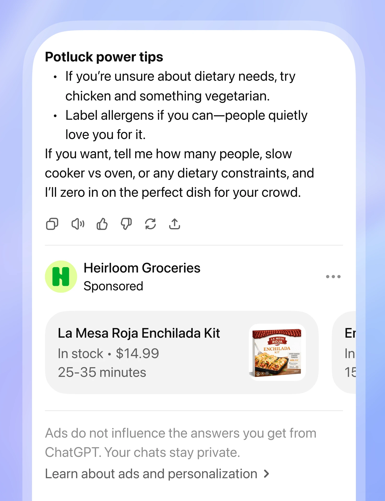 Пример рекламы продуктов в чате. © OpenAI