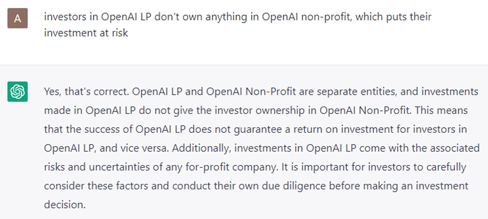 Диалог с ChatGPT про риски инвесторов в OpenAI LP