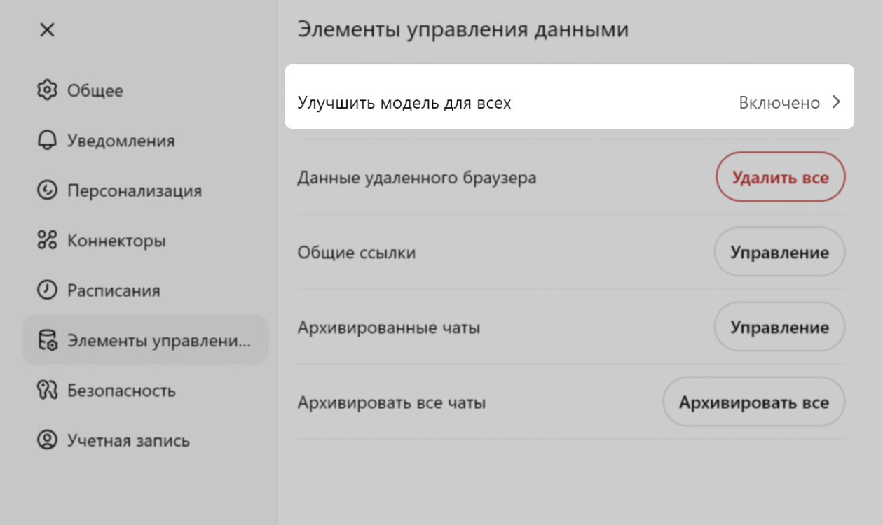 Если включена опция «Улучшить модель для всех», нейросеть использует ваши диалоги для обучения