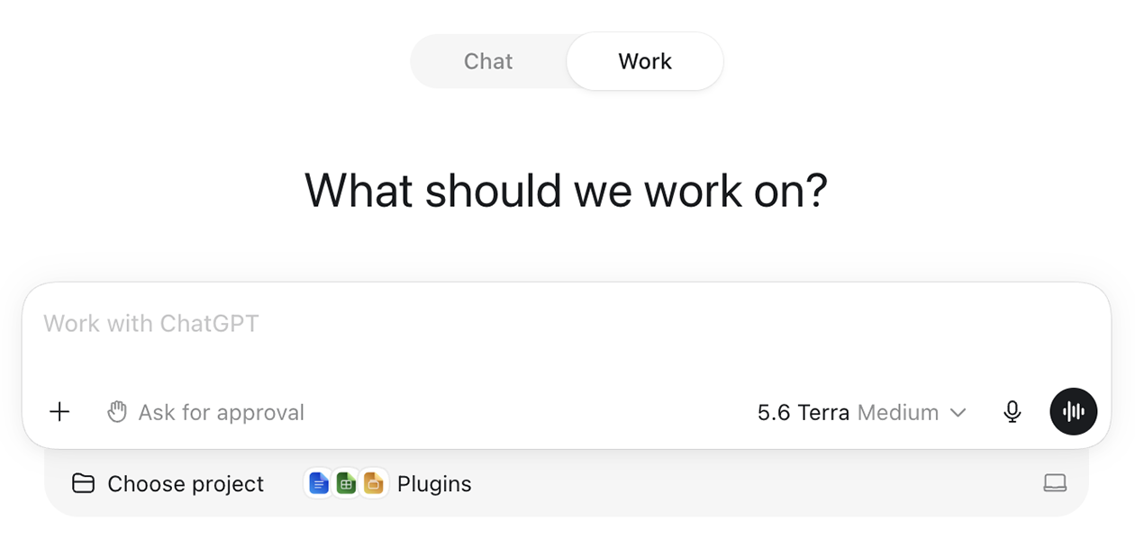 А переключение между режимом Chat и Work находится над полем для ввода запроса