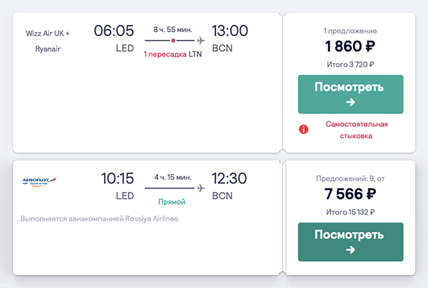 Недавно Wizz Air начал летать в Петербург. Он предлагал билеты в Барселону за 3720 ₽ в обе стороны с пересадкой в Лондоне. Перелет «Аэрофлотом» обойдется в 15 132 ₽ в обе стороны