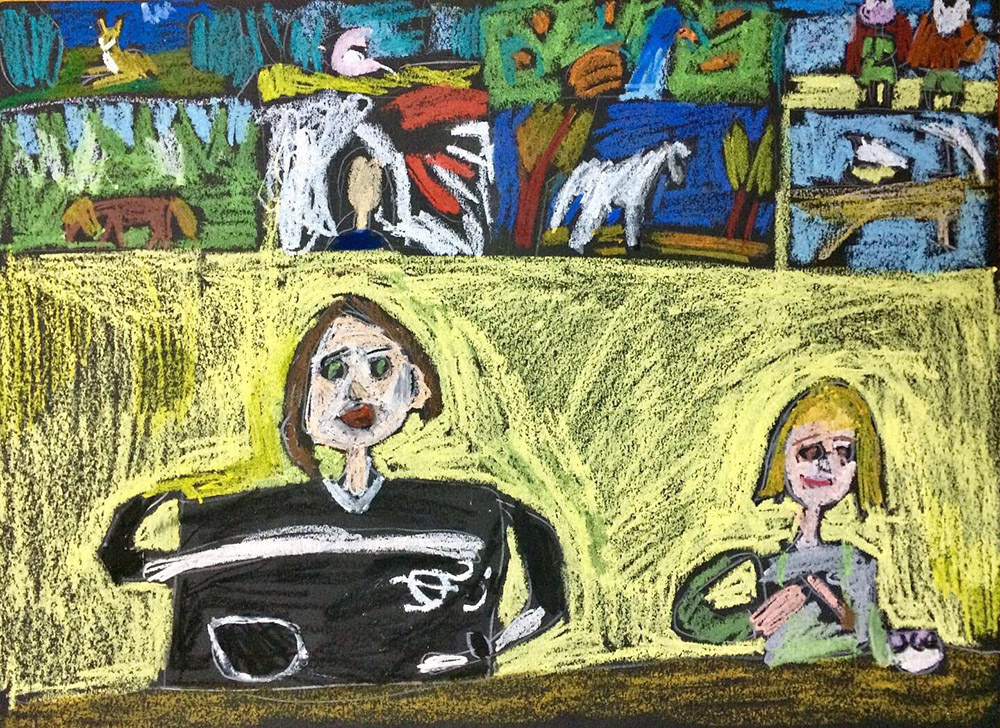 Работа шестилетнего сына — портреты двух девочек из изостудии. Масляная пастель на черной бумаге смотрится иначе, чем на белой, — цвета выглядят ярче и выразительнее