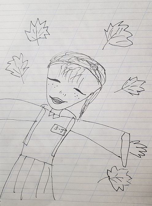 Автопортрет девятилетней дочери, нарисованный на школьной перемене. Мне кажется, по нему очень хорошо считывается ее эмоциональное состояние