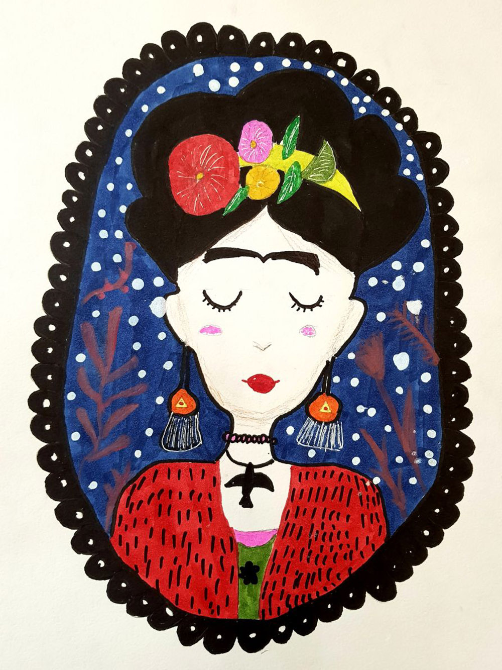 Портрет Фриды Кало по уроку курса «Как стать художником». Это любимая художница дочери — дома уже собралась небольшая коллекция портретов Фриды в разных техниках