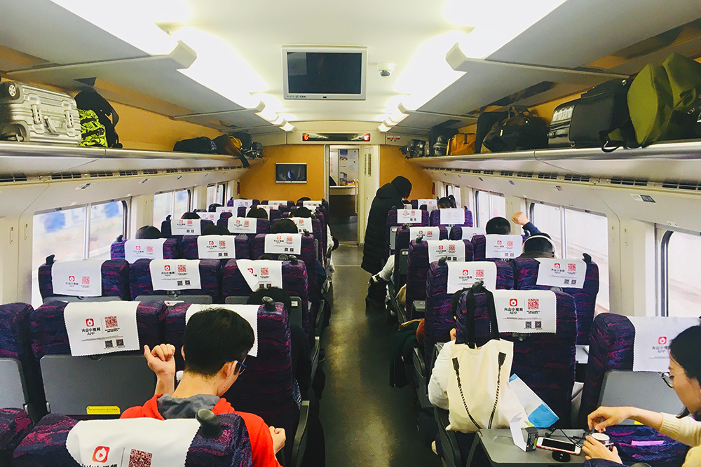 Внутри поезд похож на салон самолета. Есть розетки для зарядки гаджетов, продают горячую еду, снеки и напитки