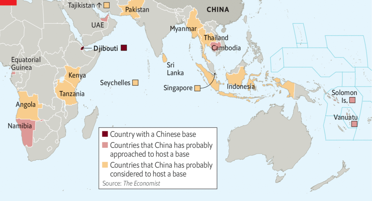 Военные базы Китая. Источник: The Economist