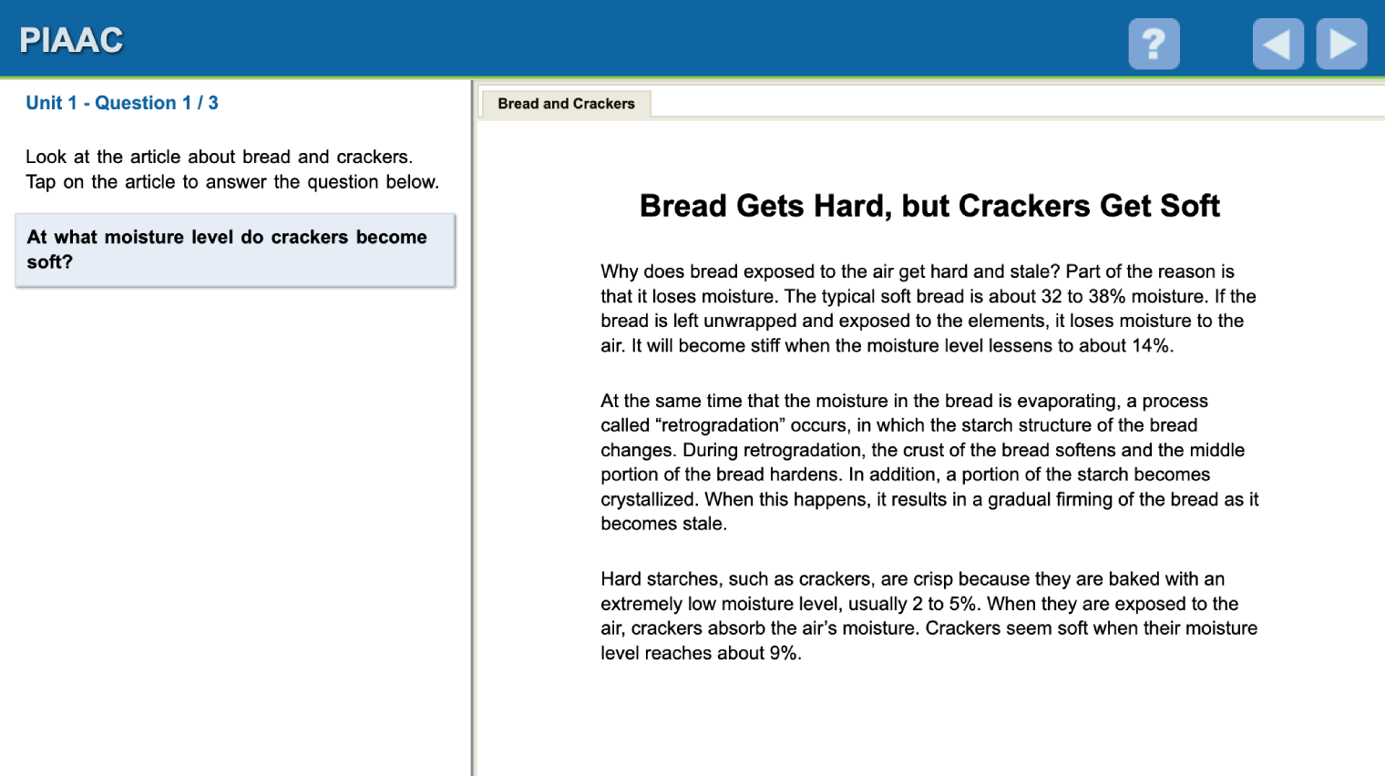 Пример из задания по читательской грамотности на сайте ОЭСР. Нужно прочесть текст и ответить на вопрос, при каком уровне влажности крекеры становятся мягкими