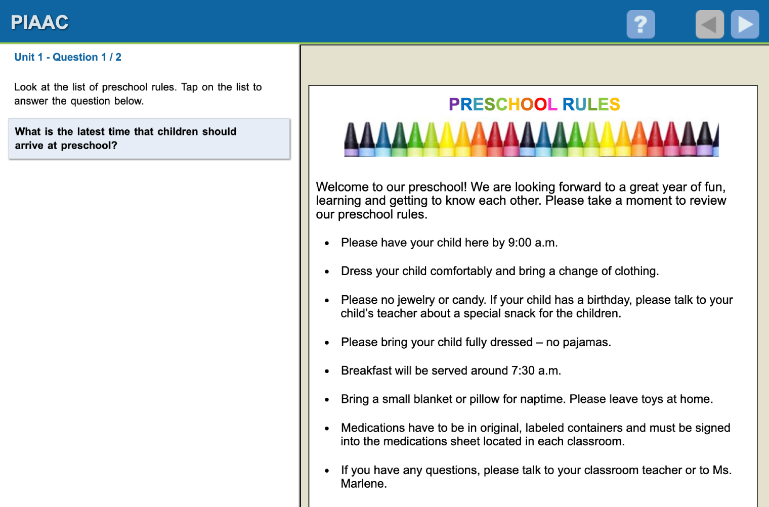 Другое задание: прочесть правила детского сада и ответить на вопрос, к какому часу нужно успеть привести ребенка