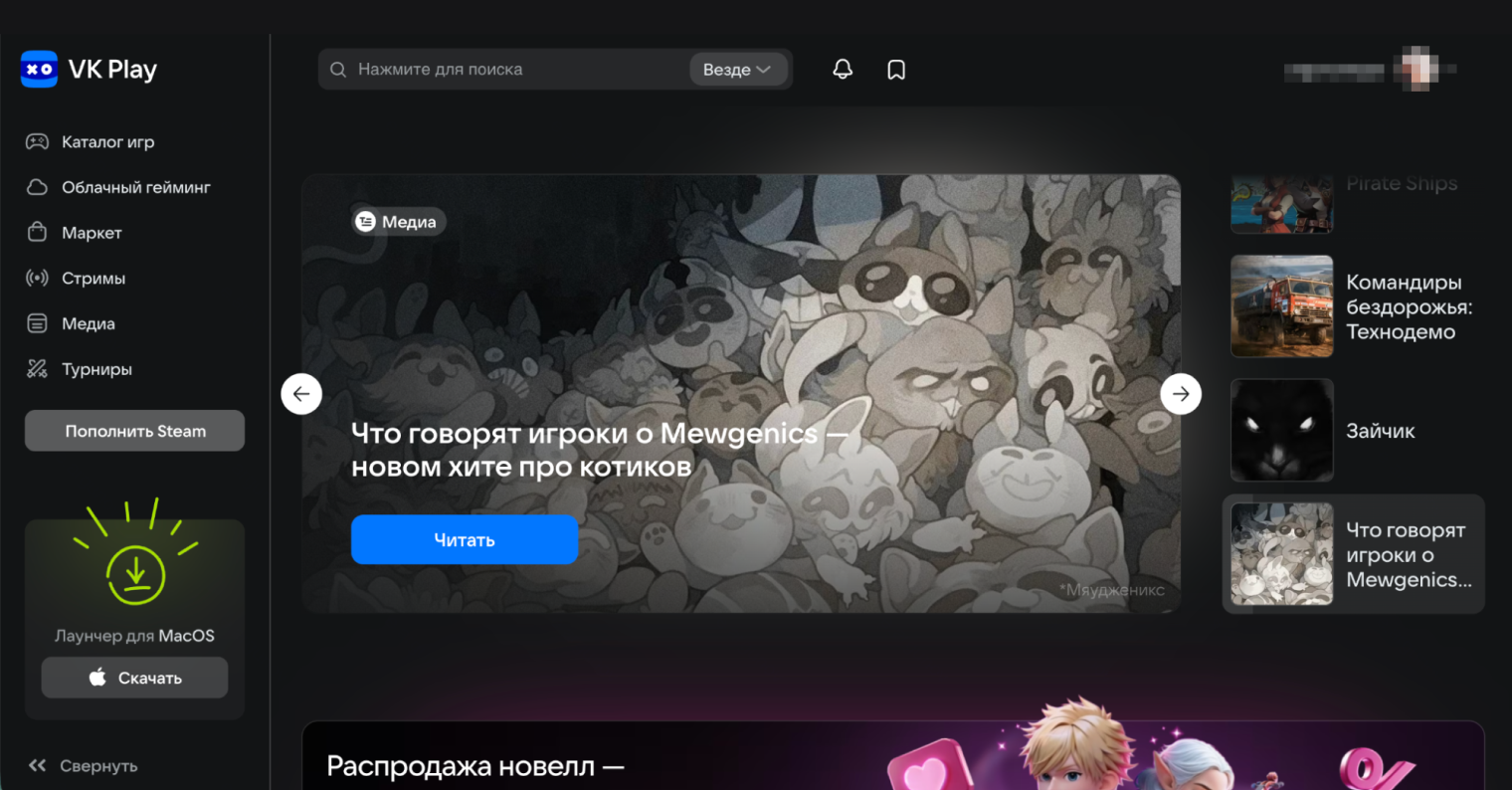 Кроме продаваемых игр на главной странице показывают статьи от редакции VK Play Media. © VK Play
