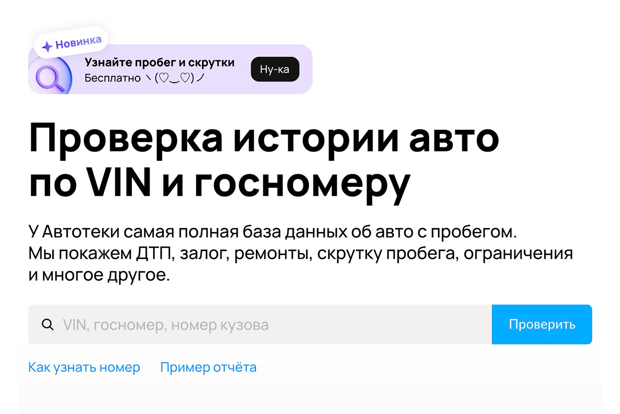 Частные сервисы выдают всю информацию о машине по одному запросу. Это удобно, но стоит денег. Источник: autoteka.ru