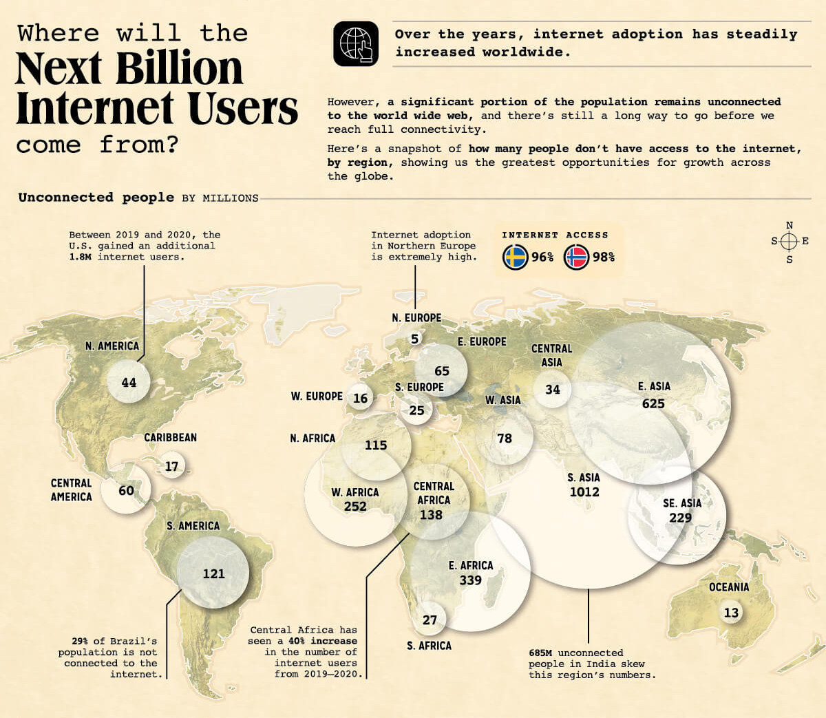 Карта с отображением географических точек роста интернет-пользователей в мире и их прогнозируемое количество. Источник: Visual Capitalist