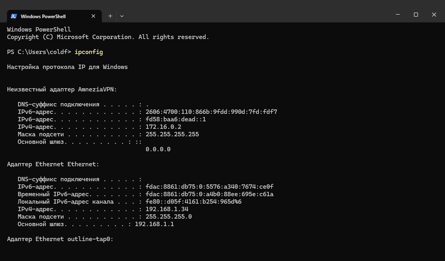 Пример вывода IP-адресов командой для CMD в PowerShell