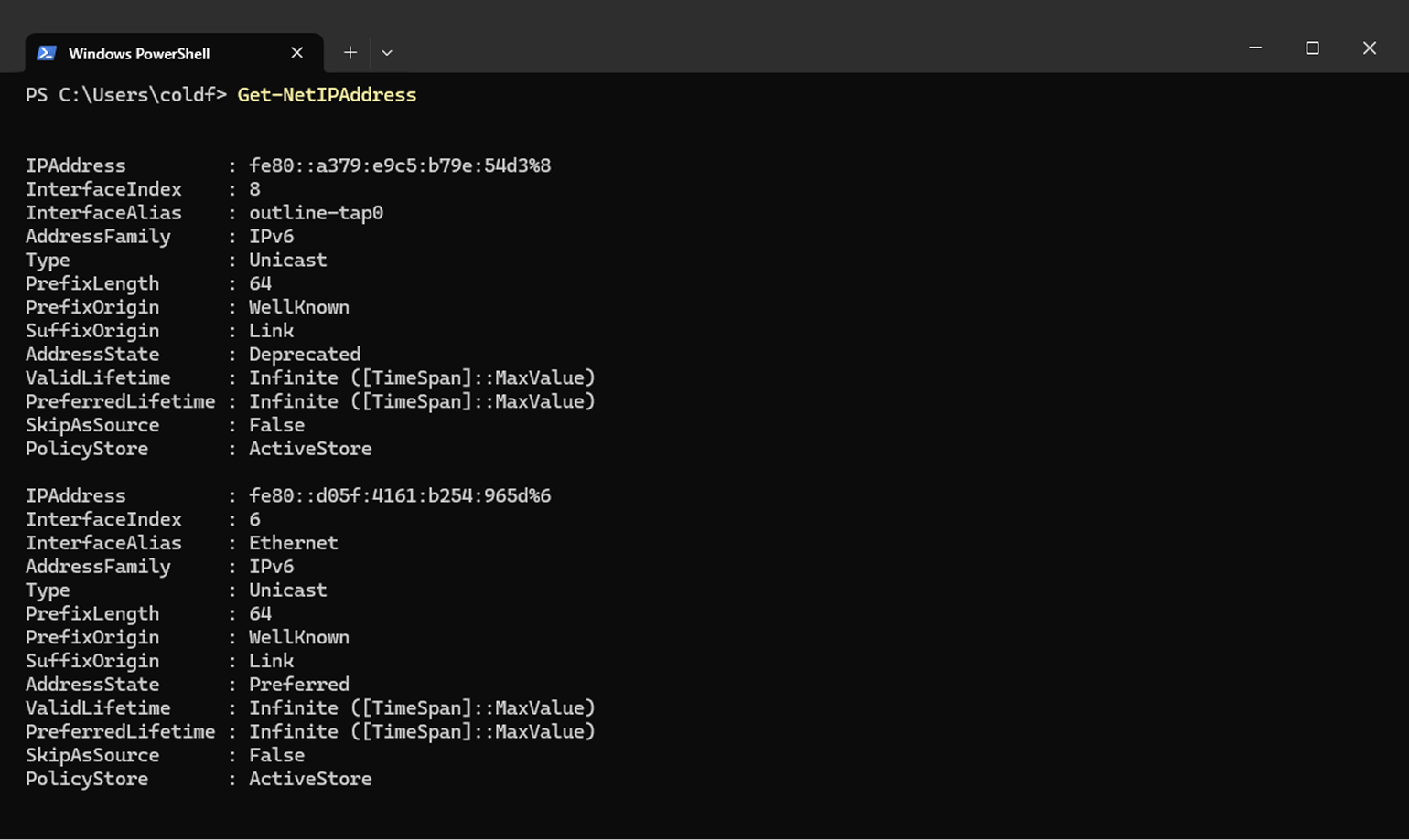 Пример вывода IP-адресов командой для PowerShell