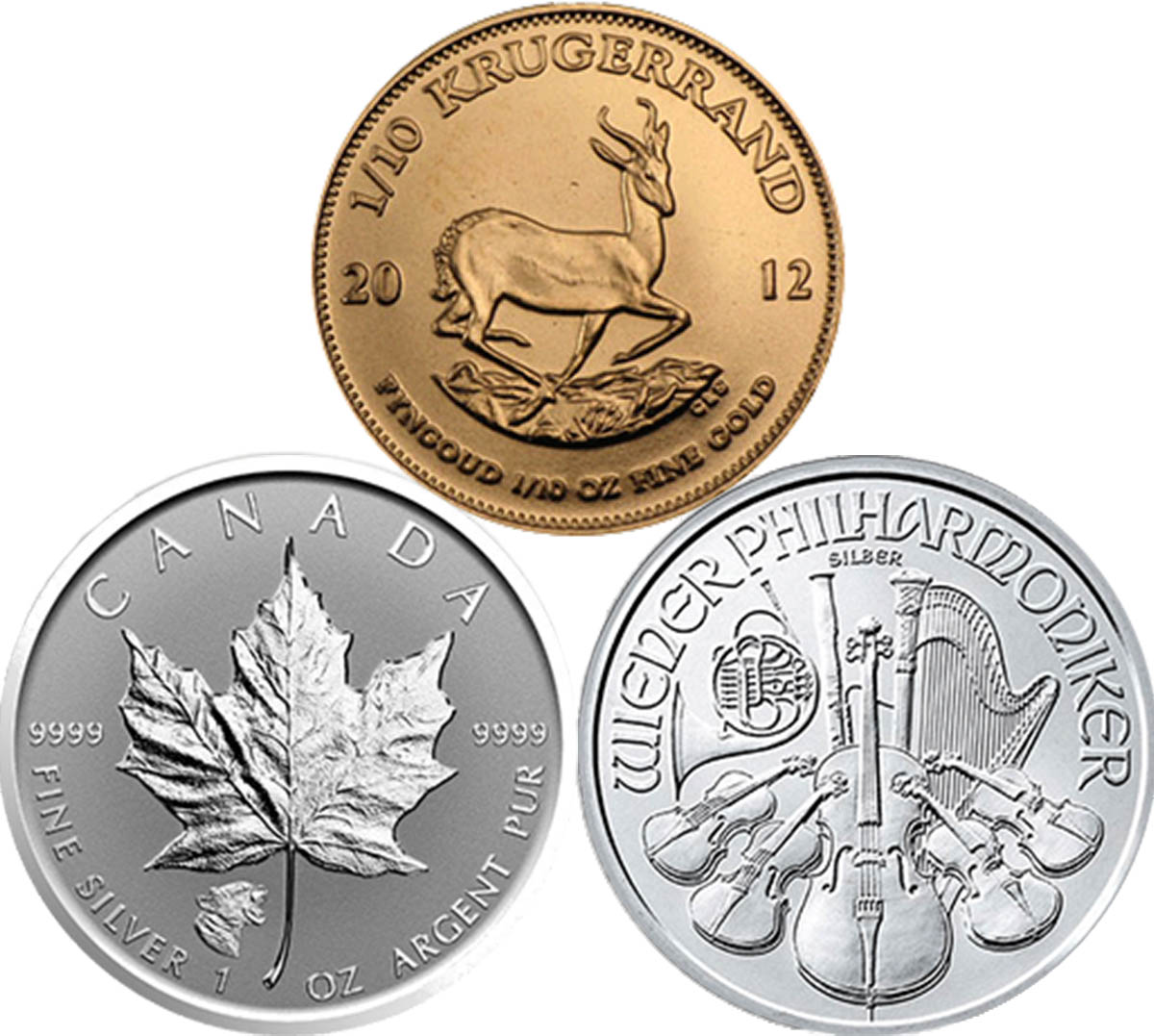 Примеры иностранных монет, в которые можно инвестировать в России: крюгерранд — золотая монета из ЮАР, канадский «Кленовый лист» и австрийская «Филармония»