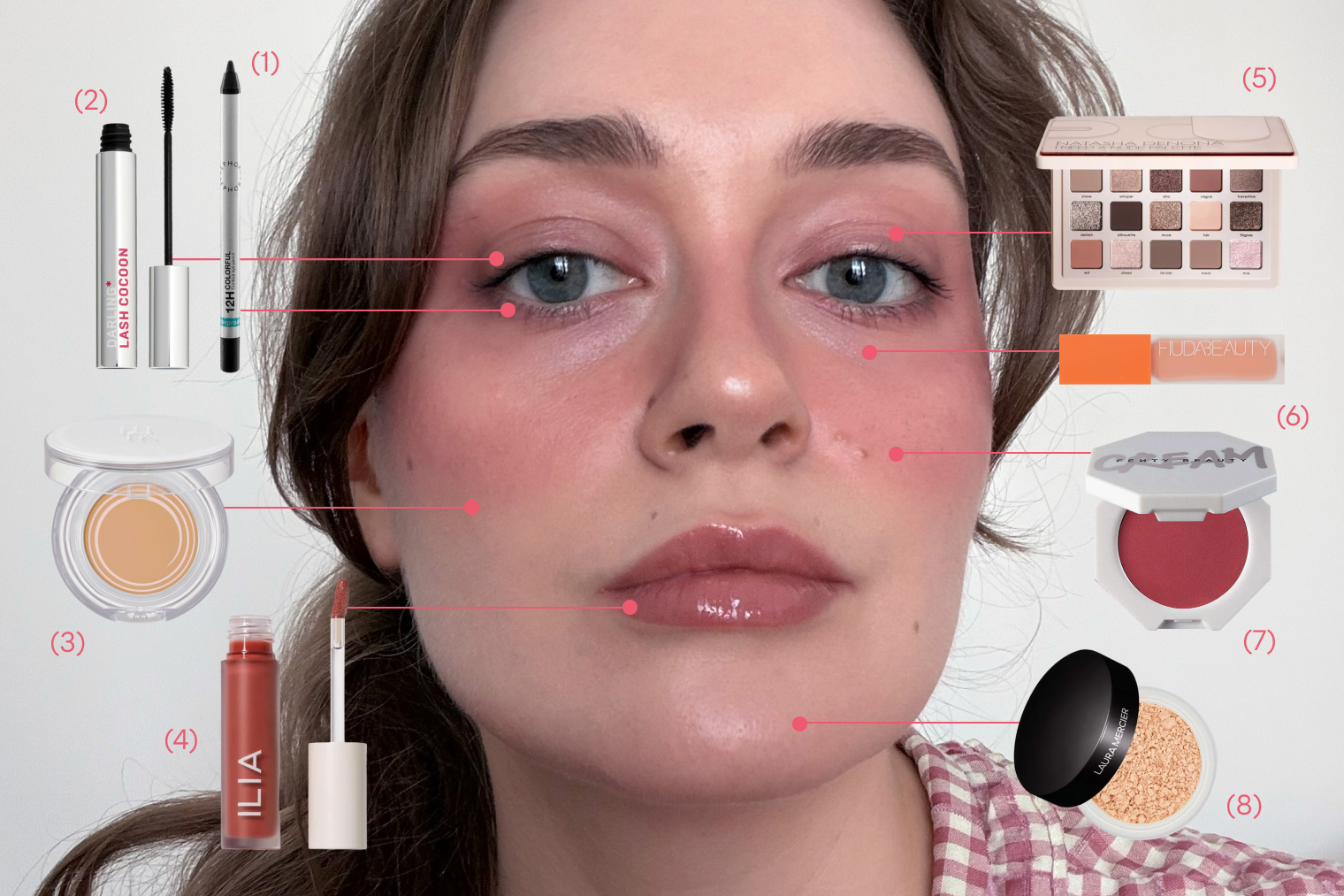 Что я использовала: 1 — карандаш для глаз Sephora Collection, 2 509 ₽, 2 — тушь Darling*, 1 210 ₽, 3 — кушон Luna, 2 367 ₽, 4 — масло-тинт Ilia (снято с продажи), 5 — палетка Natasha Denona, 11 030 ₽, 6 — корректор Huda Beauty, 4 590 ₽, 7 — румяна Fenty Beauty, 6 307 ₽, 8 — пудра Laura Mercier, 7 150 ₽