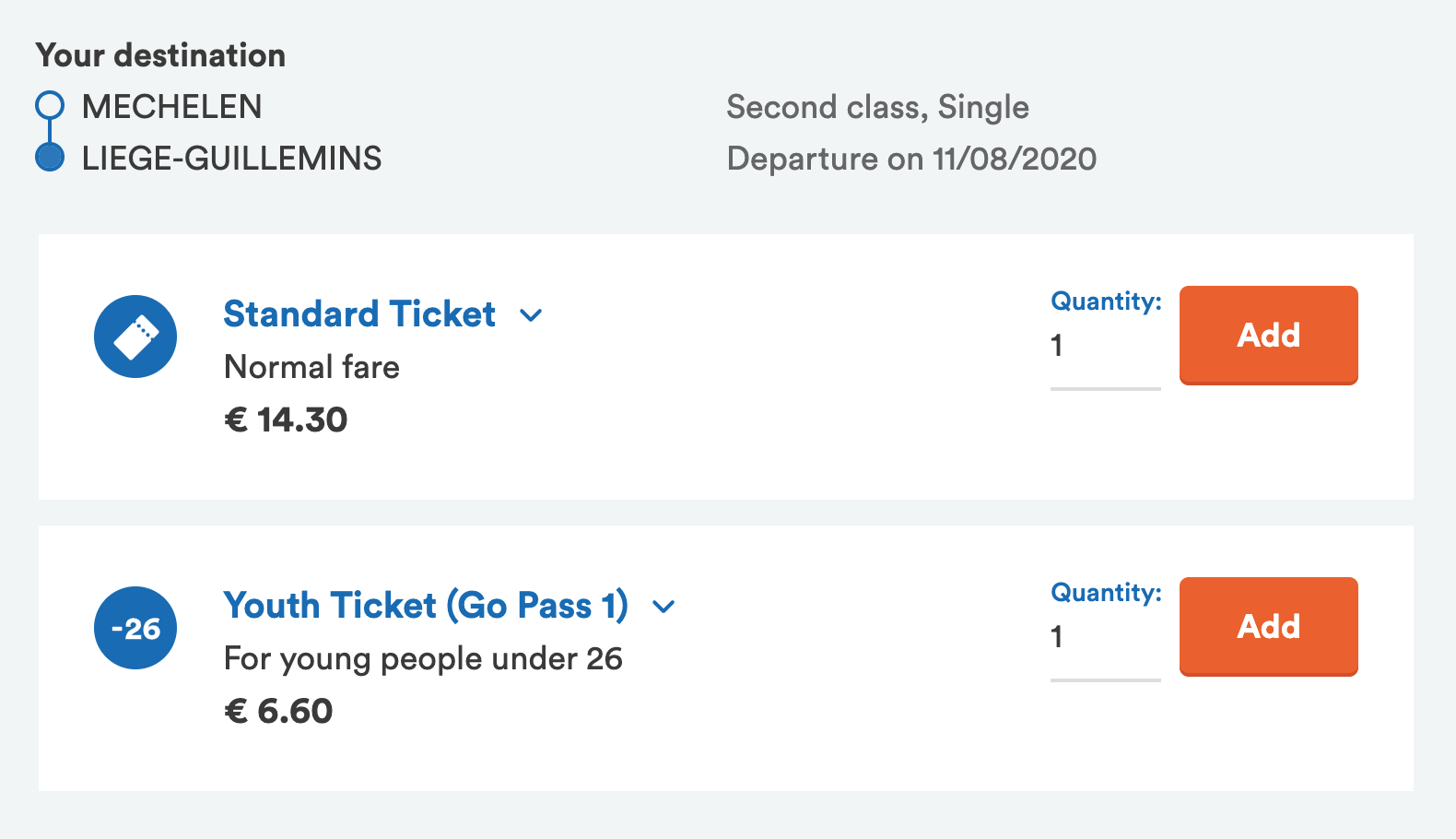 Обычный билет на поезд из Мехелена в Льеж стоит 14,3 €. Для людей младше 26 лет — 6,6 €