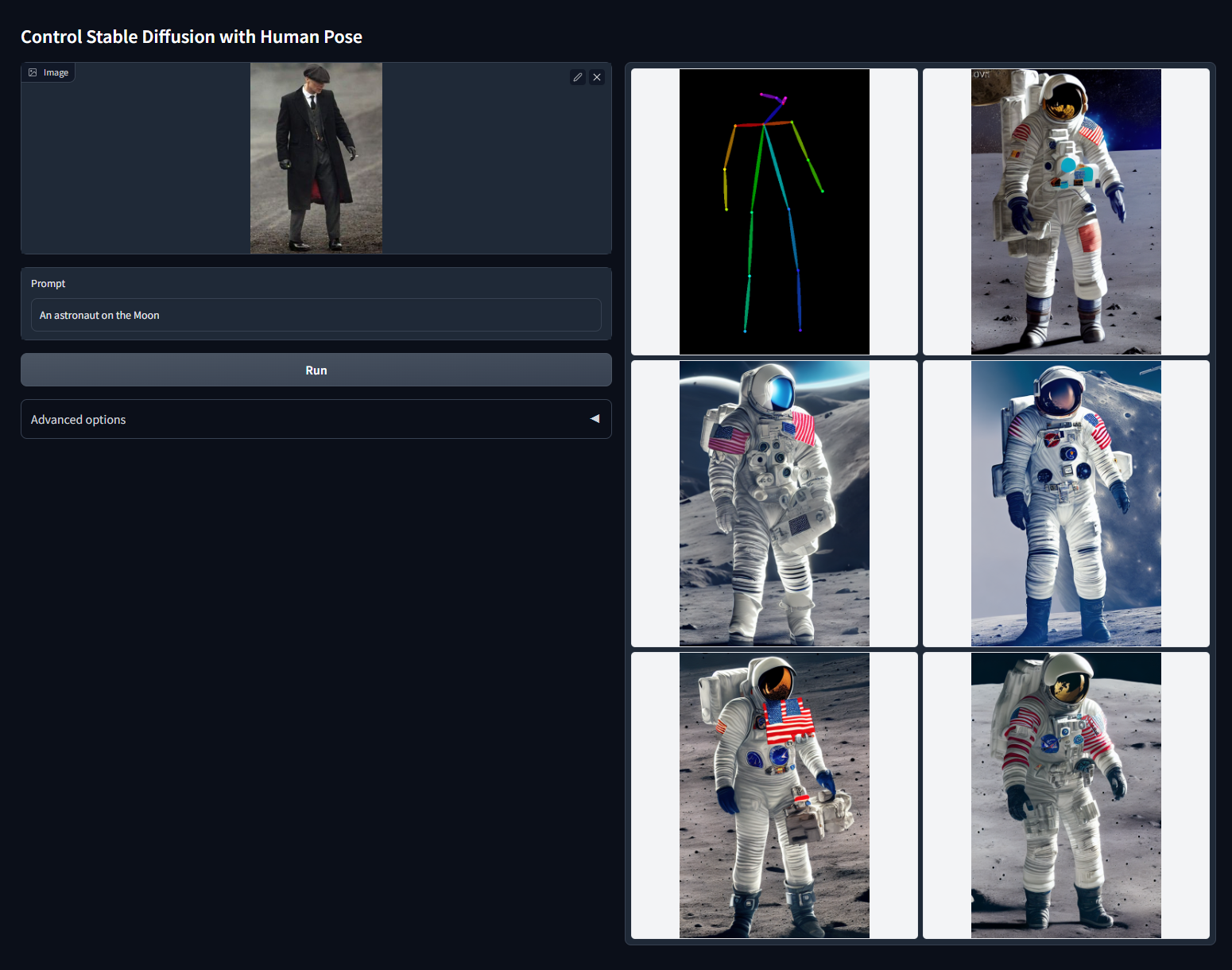 Примеры генерации OpenPose. Астронавт повторяет позу с исходной картинки. Источник: github.com