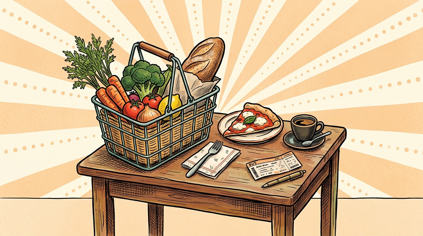 Натюрморт с бюджетными мелочами: корзина продуктов, пицца, кофе, билет на автобус