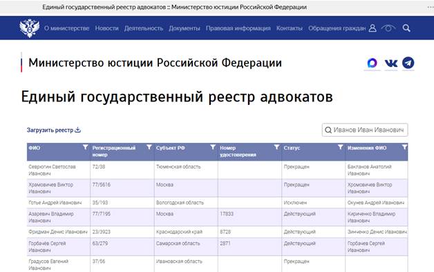 Проверка статуса адвоката (Минюст)
