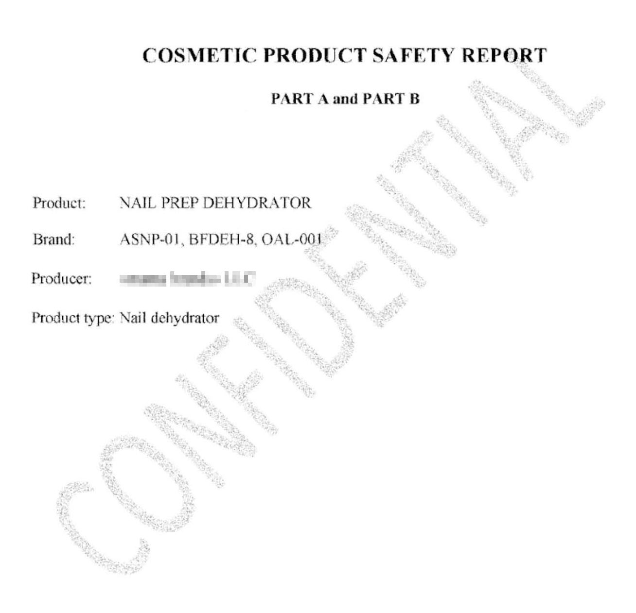 Это первая страница отчета о безопасности, на основании которого мы зарегистрировали продукцию в CPNP. Надпись по диагонали намекает, что документ строго конфиденциален, поэтому показать его содержимое я не могу