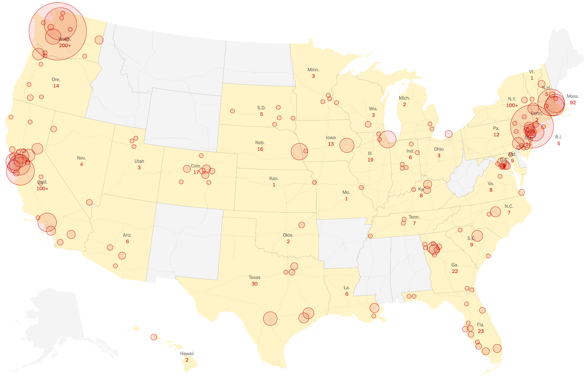 Количество случаев заражения коронавирусом в США по состоянию на 10 марта. Источник: The New York Times