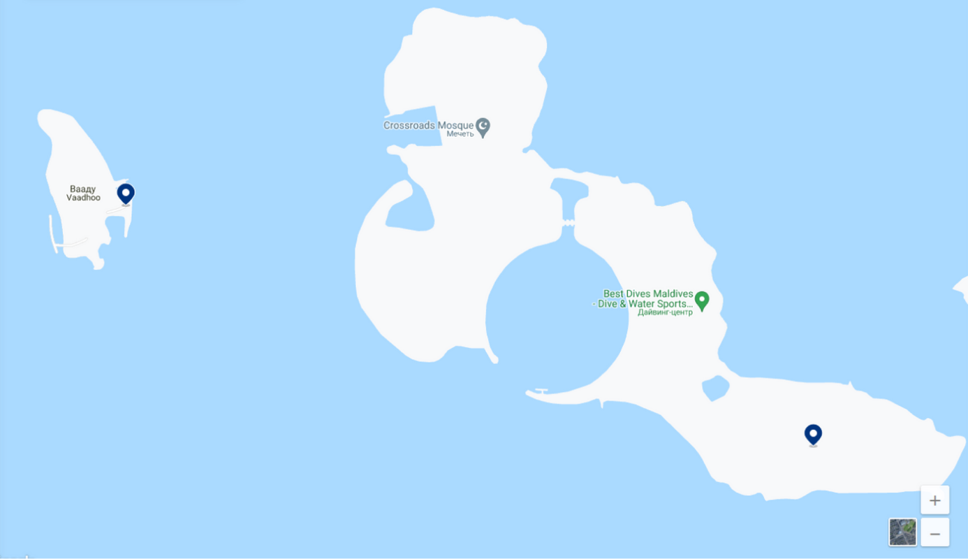 Большой резорт SAii Lagoon Maldives и маленький остров Вааду на обычной карте. Источник: google.com/maps