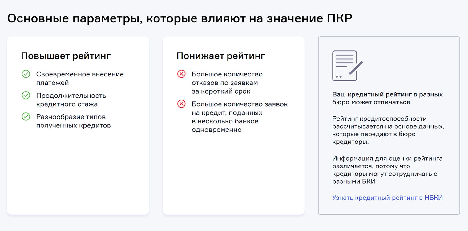 А в НБКИ главные параметры для снижения ПКР — частые запросы на кредиты за короткое время. А еще большое количество отказов по ним