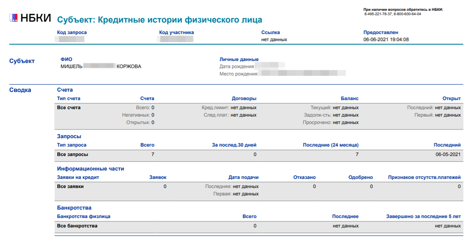 Так выглядела моя кредитная история в НБКИ в 2021 году до того, как я оформила кредиты