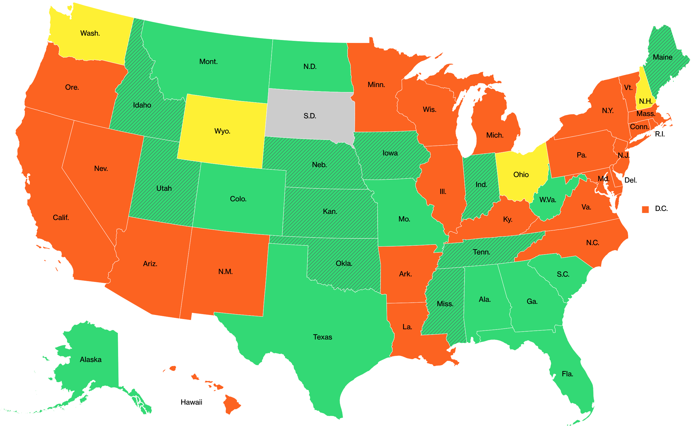 Данные о самоизоляции в разных штатах США на 6 мая. Оранжевый — режим самоизоляции действует; желтый — есть послабления; зеленый — режим частично снят; заштрихованный зеленый — режим снят; серый — нет самоизоляции. Источник: Bloomberg