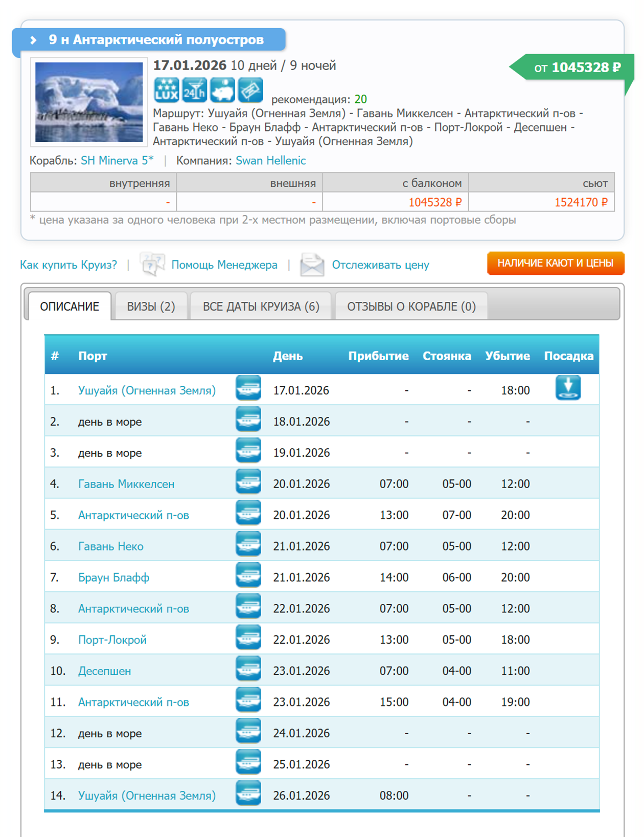 Пример круиза с восемью антарктическими портами. Источник: cruclub.ru