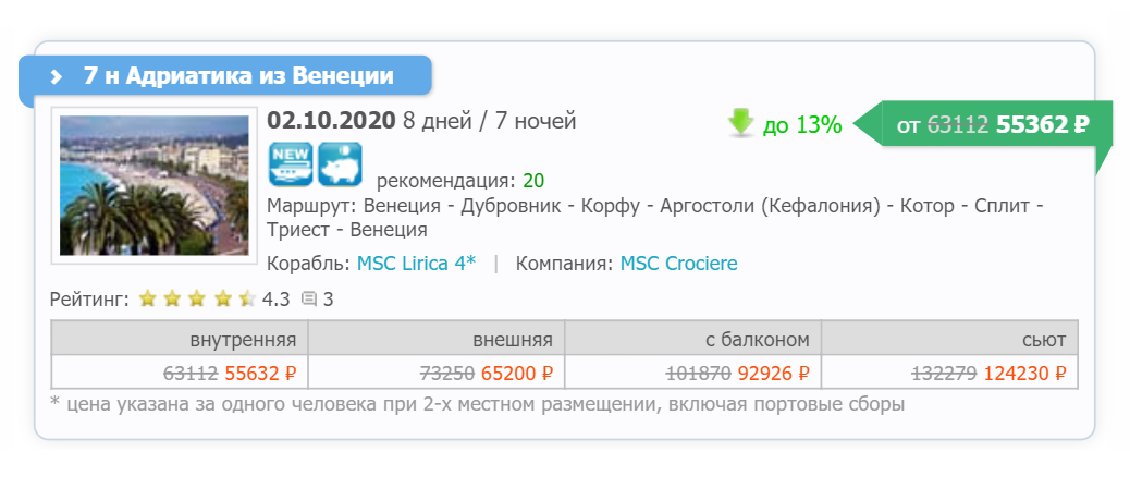 Этот круиз в октябре 2020 года российский «Круклаб» продает от 55 362 ₽