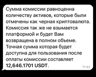 Поддержка из «Телеграма» убеждает меня перевести еще около 385 тысяч рублей в USDT и заплатить комиссию, чтобы якобы разблокировать «черную криптовалюту» и вернуть остальные деньги
