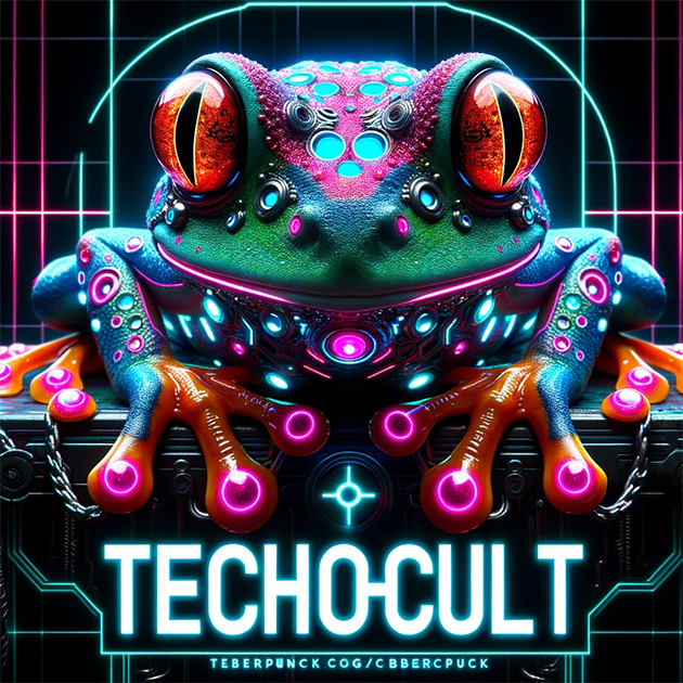 Картинка с киберпанк-жабой и подписью Techocult