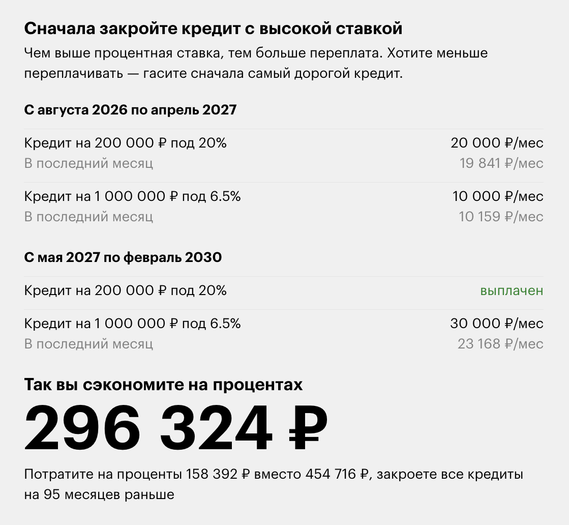 В калькуляторе видно, сколько денег на процентах вы сэкономите, если будете гасить кредиты досрочно